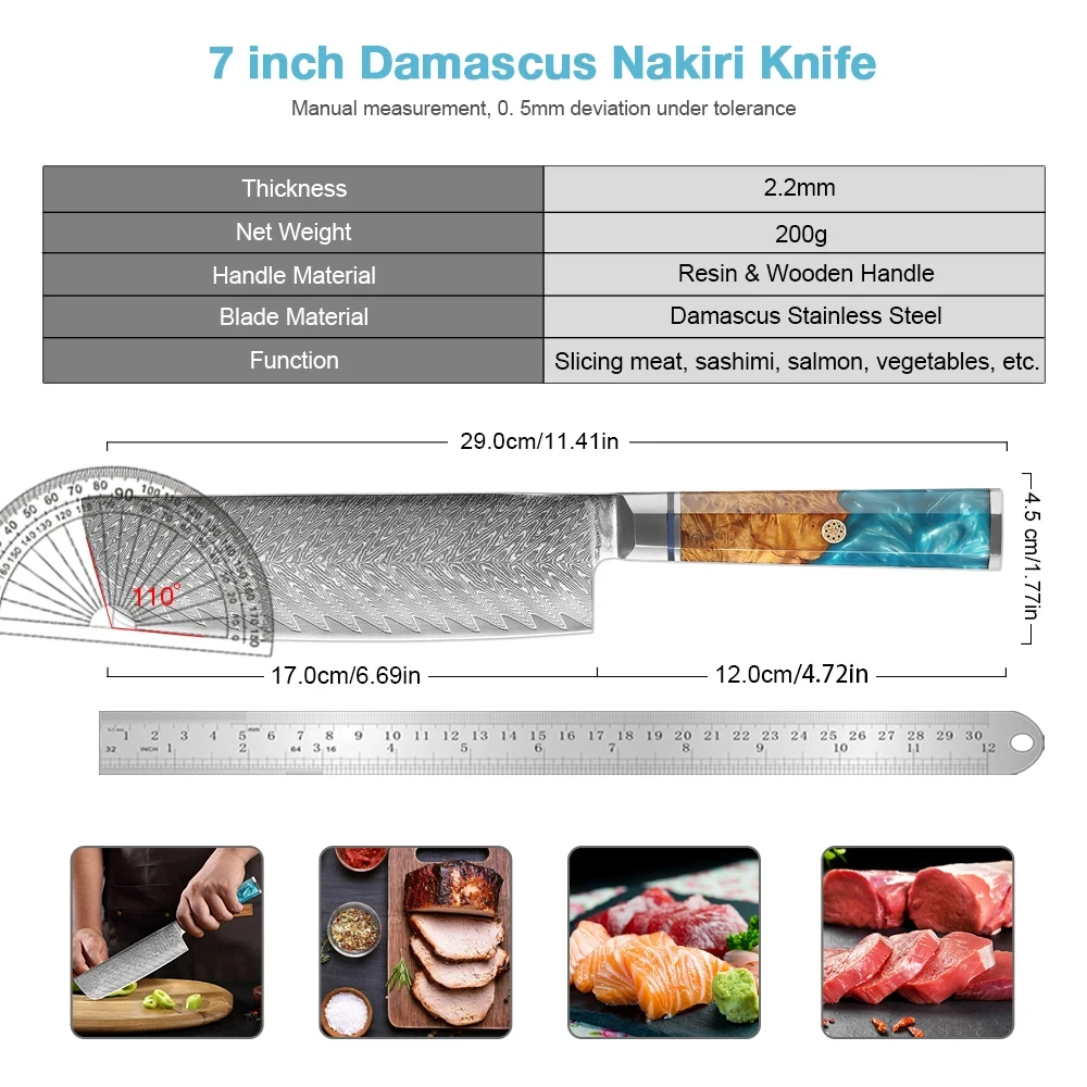 Kitchen Cleaver Knife Japan Damascus Steel Blade 7Inch Chef Vegetable Knife Hand Forged Cooking Cutting Nakiri Knife Razor Sharp