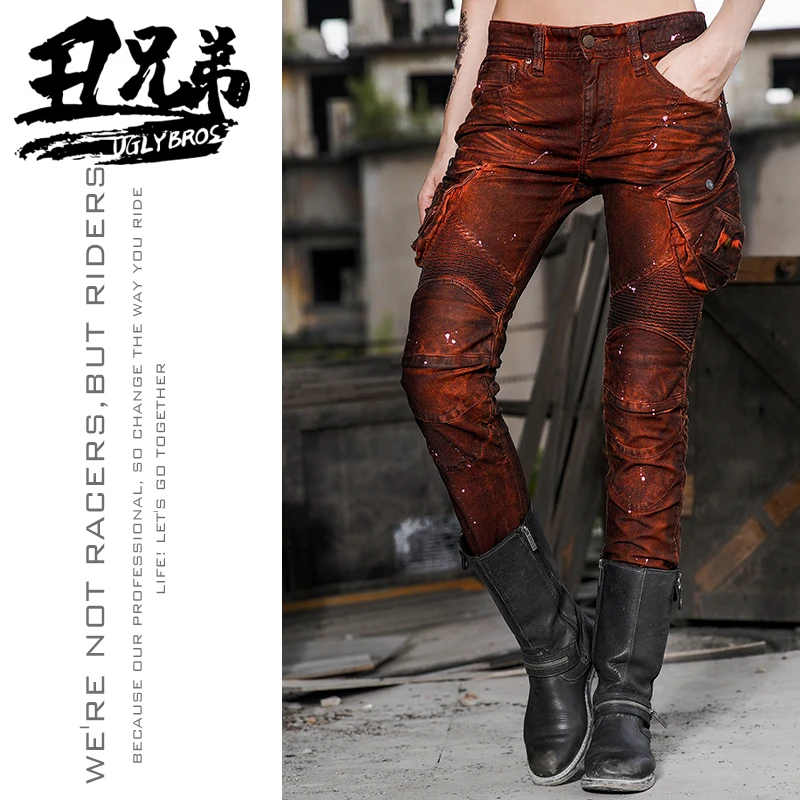 

Uglybros Vintage Old Orange Red Jeans Motorcycle Pants Spodnie Motorbike Ladies Motorpool Pants Deslizaderas Rodilla