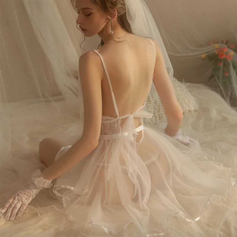 New Fashion Mature Charm Elegant Sexy Lingerie Gentle Sexy Lace Hot Wedding Dress Uniform Gauze Transparent Bride Dress