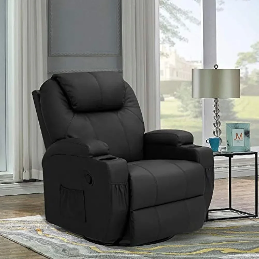 Swivel Rocker Recliner with Massage and Heating Functions, Sofa Chair with Remote Control and Two Cup Holders