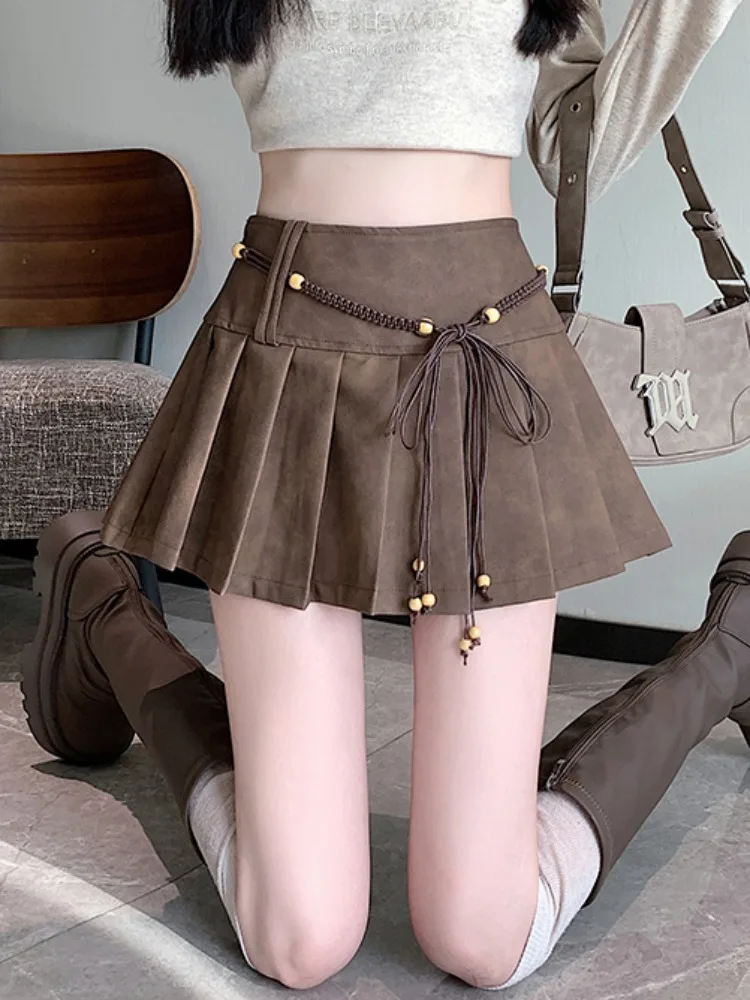 Abnehmen Hohe Taille PU Leder f Rock für Frauen Frühling Herbst Kaffee Farbe Retro Falten Rock Koreanische Sle Pendeln