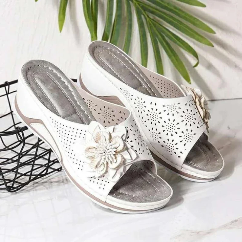 Suede Leather Soft Footbed Orthopedic Arch-Support Sandals For Women Flower Hollow Design Summer Beach Shoes Female Wedges Shoe
