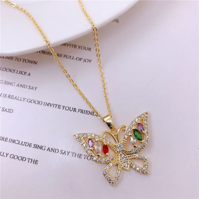 Luxury Colorful Zircon Big Butterfly Pendant Necklace Stainless Steel Choker Collar Jewelry Party Gifts For Women Girls