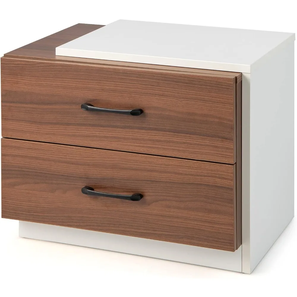 Modern Nightstand with 2 Drawers, Rustic Walnut Wood Grain Bedside Table with White L Shape Unique Design, Vertical Wooden End