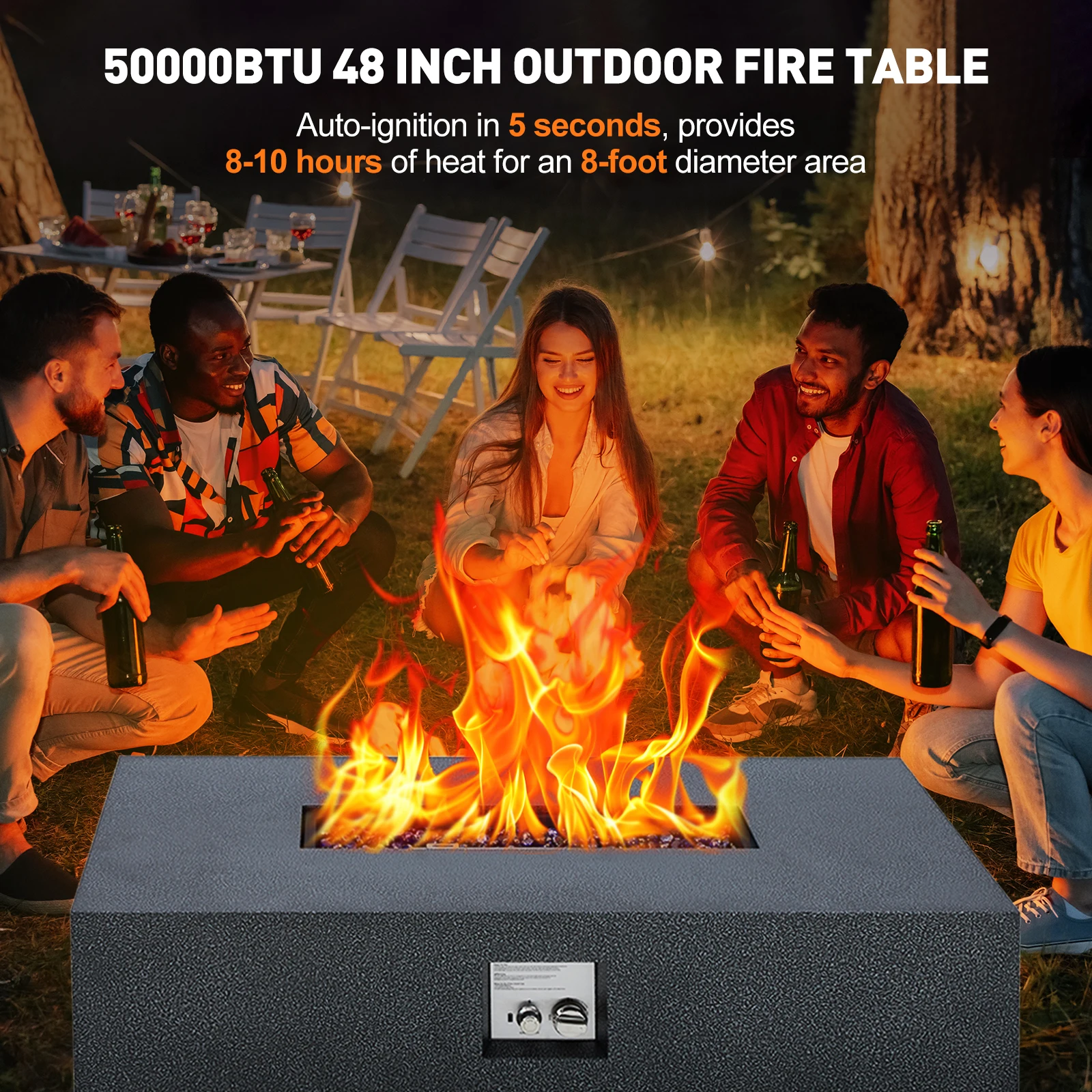 48" Outdoor Rectangle Propane Gas Fire Pit Table, 50000 BTU Modern Firepit with 16 inch Tank Cover Side Table, Wind Guard