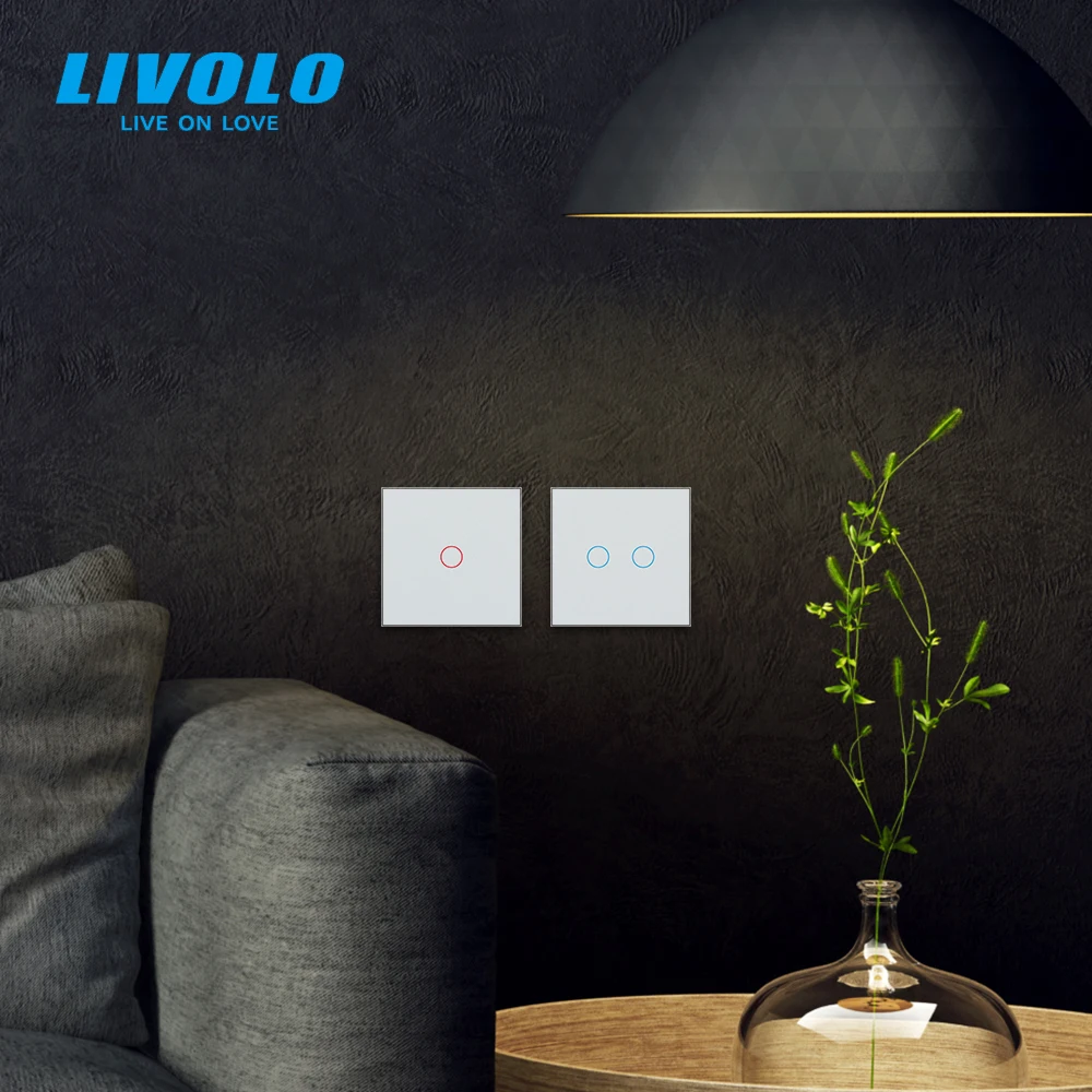 Livolo EU Standard 2 Gang 2Way Wall Touch Control Light Switch,Crystal Glass Panel,Cross Stair Function,Backlight Display C702S