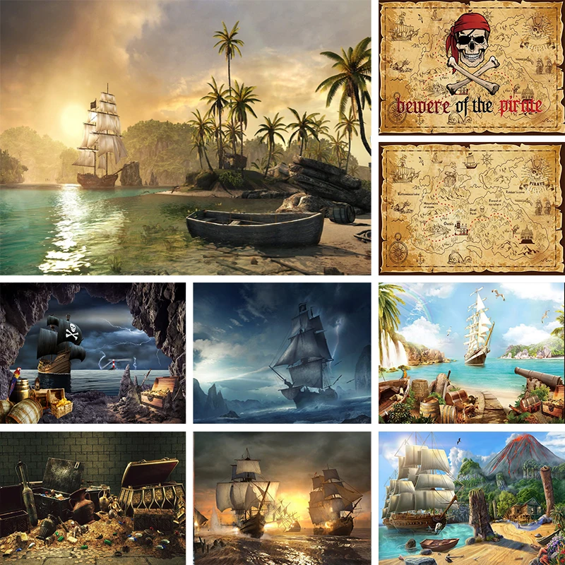 Pirate Ship Backdrop Scenes Treasure Map Decorations Banner Seascape Pirate Boat Photo Background for Kids Boys Birthday Party