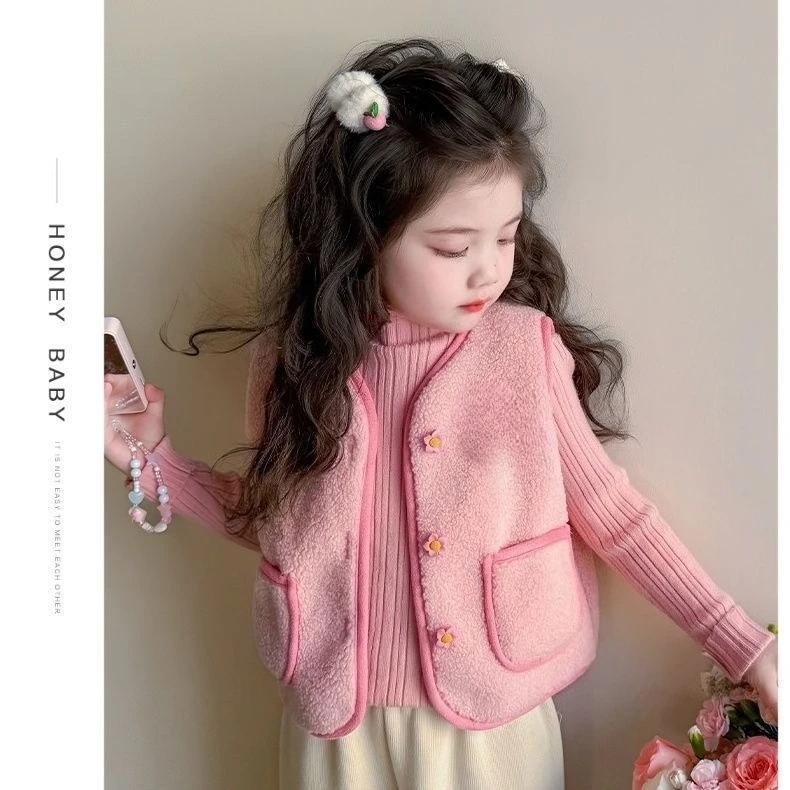 2026 Herbst Winter Baby Polar Fleece Warme Weste Mädchen Plüschweste Einreihig Kinder Warme Modische Warme Jacke – Detail 3