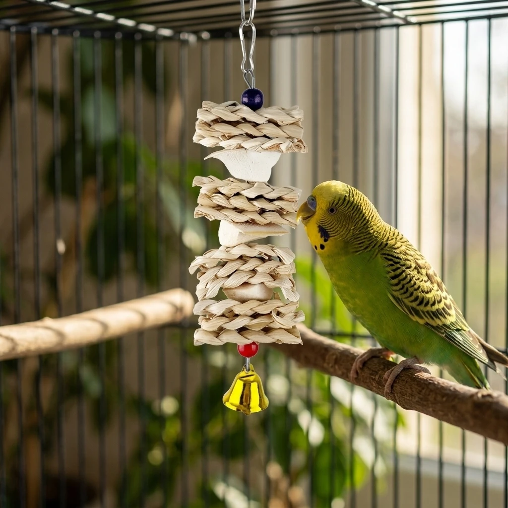 Natural Corn Husk Chew Toy for Bird Cage Budgies Lovebirds Cockatiels Woven Hanging Accessory Beak Care Enrichment Durable