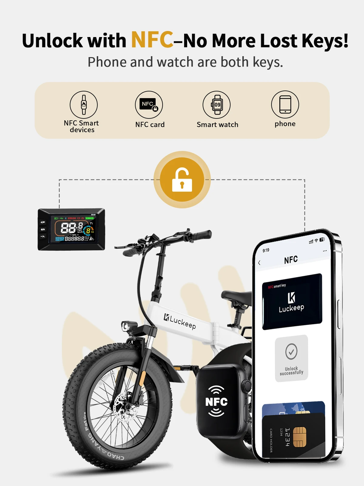 Luckep X1 Lite Bicicleta elétrica dobrável para adultos com motor de pico de 1500 W, 28 MPH60 milhas, 15AH 20 x 4,0 Pneu gordo Ebike com NFC