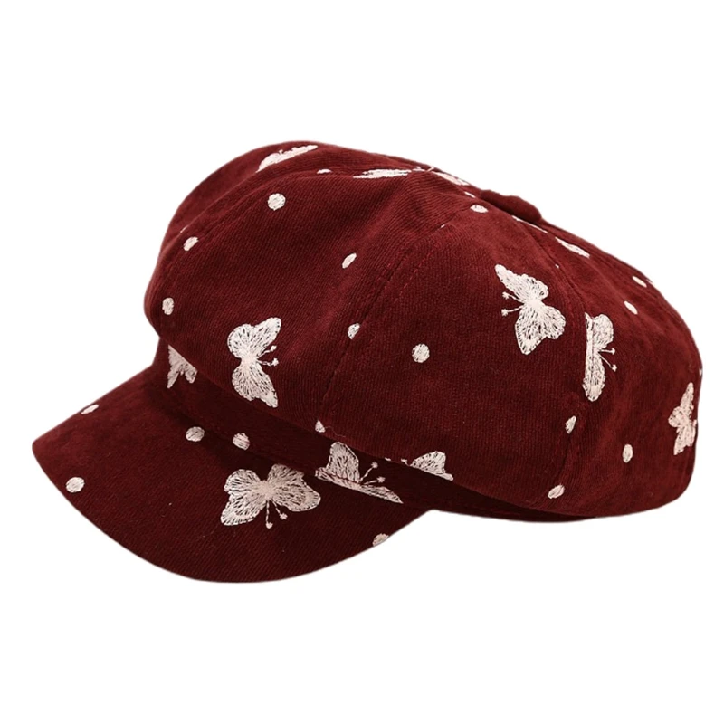 Cappello da Baseball ottagonale in velluto Vintage stile britannico da donna per berretto con visiera da pittore con ricamo a farfalla