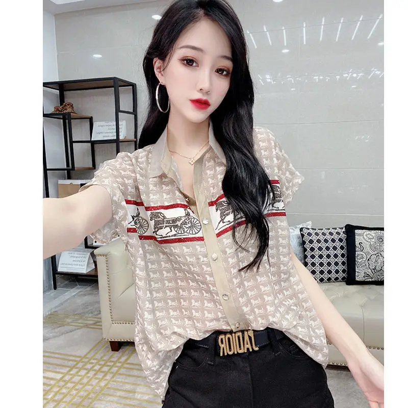 Fashion Lapel Spliced Button Printed Shirt Women's Clothing 2023 Spring New Oversized Casual Tops All-match Commute Blouse