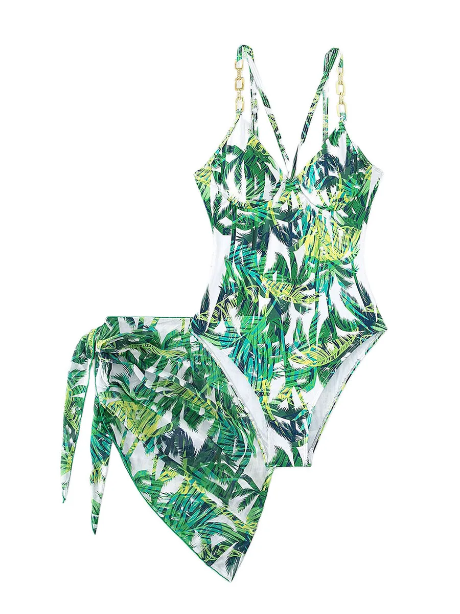 Maiô tankini feminino de verão, estampa de coqueiro, sem mangas, recorte, bandagem, maiô com saia envoltória