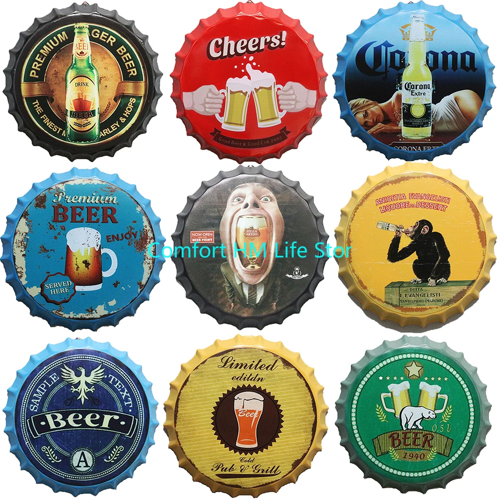 Beer Wine Cheers Round Sign Creative Craft Beer Cap Tin Sign Retro Metal Iron Painting Bar Pub Cafe Wall Decor Hanging Plaques