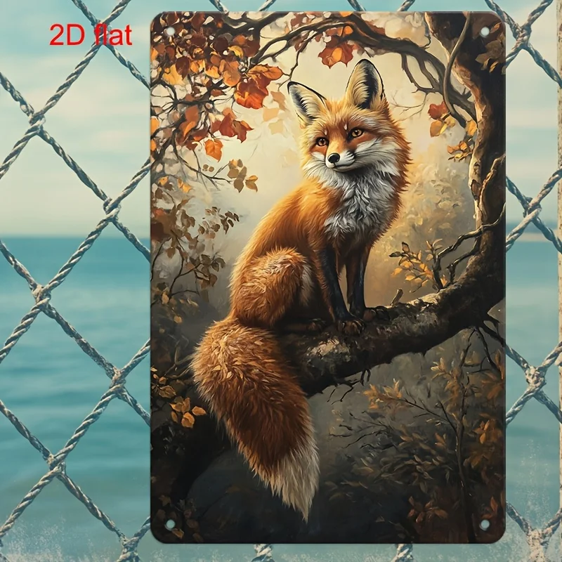 Vintage Fox Autumn Metall-Wandkunst – rustikales Wald-Blechschild für Zuhause, Hütte oder Café-Dekoration, 8x12 Zoll große Plakette
