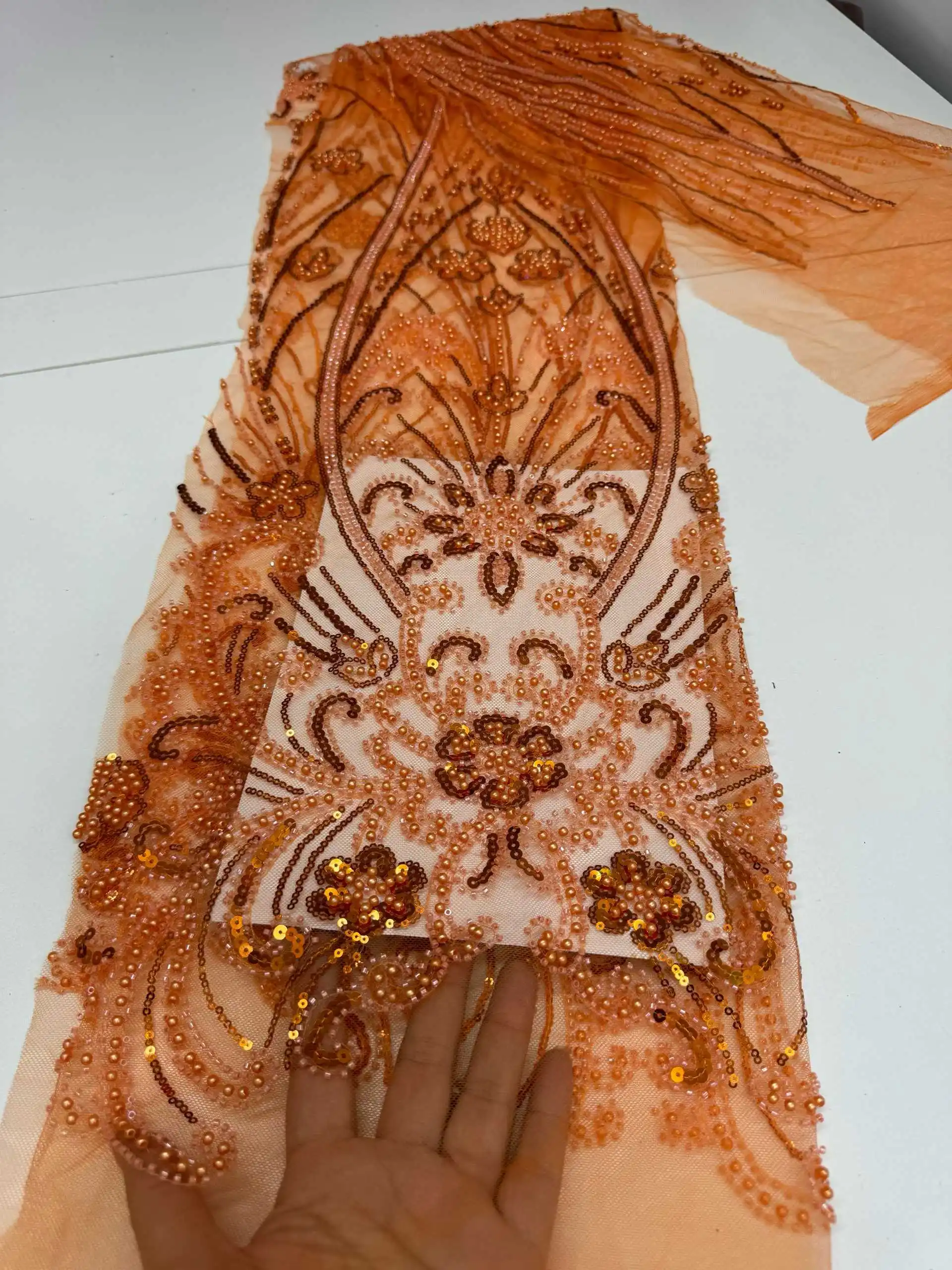 

Оранжевое роскошное французское кружево из тюля с пайетками и бисером, африканское нигерийское вышитое кружево, ткань для пошива платьев.