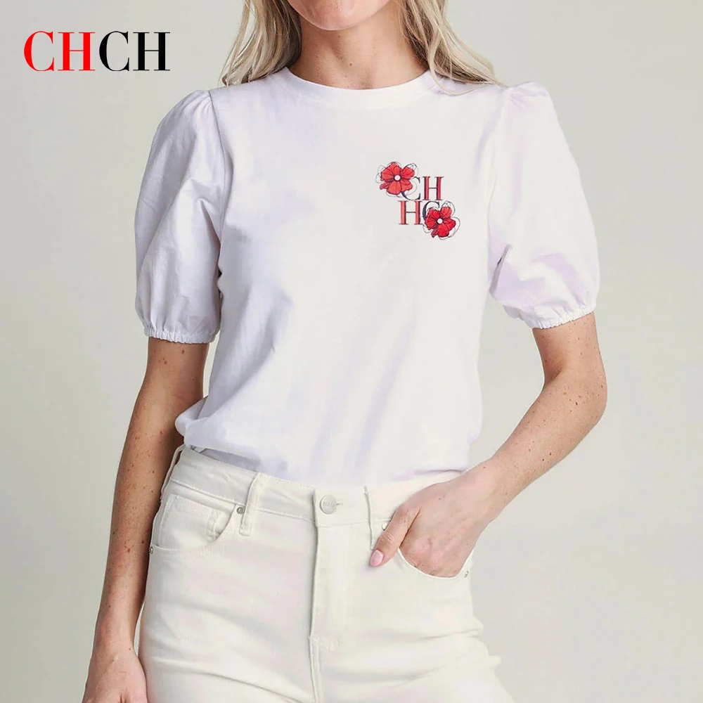 Chch Women's T-Shirt Summer Luxury  New Embroidery Letter Lantern Sleeve T-Shirt White Basic Cotton T-Shirt Women's Top T-Shirt