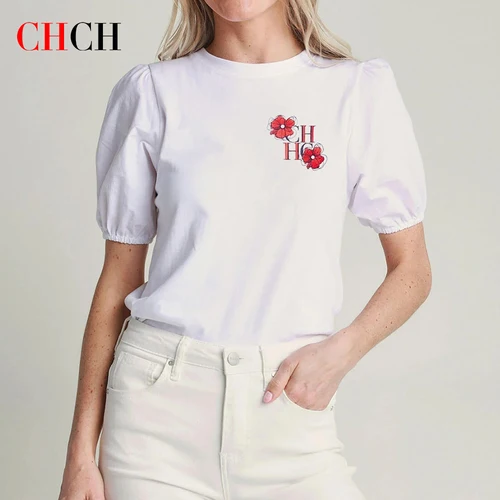 Chch-Camiseta de lujo para mujer, camiseta con manga acampanada y letras bordadas, Camiseta básica blanca de algodón, camiseta superior para mujer