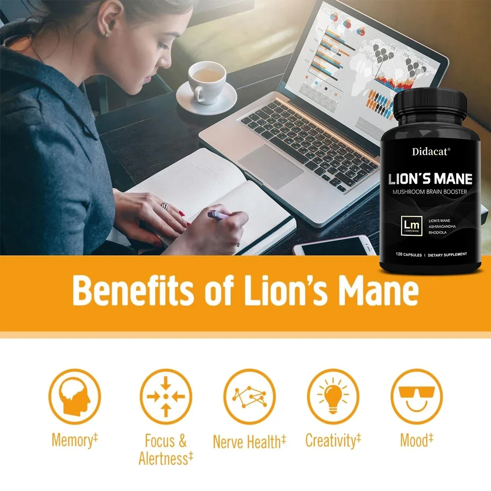 Lion\'s Mane Supplement Mushroom Capsules - Health Focus Support, Healthy Energy Levels, Mood & Immune Function Support, Non-GMO