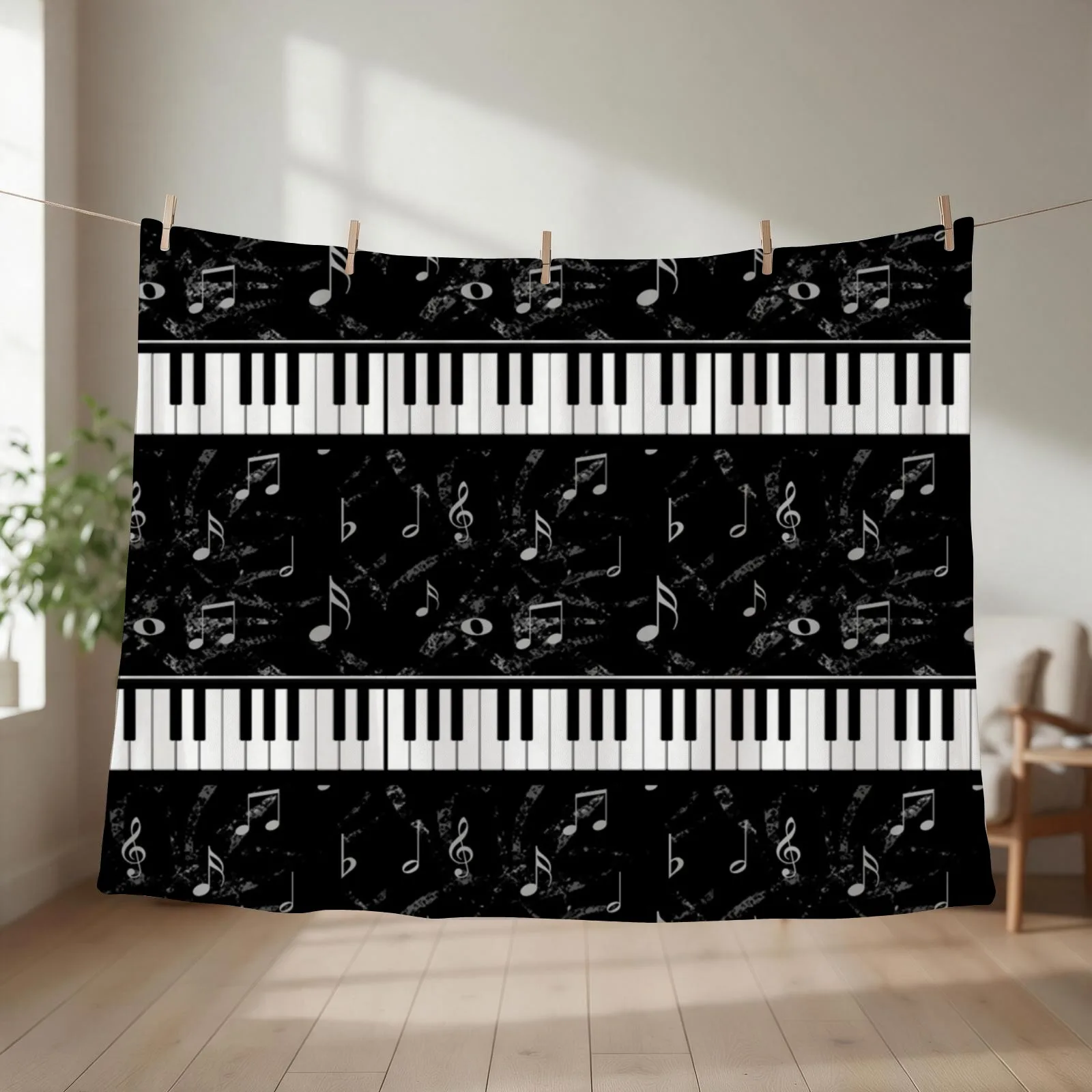 Black and White Piano Music Pattern Throw Blanket couch cozy soft plush fuzzy picnic outdoor blanket