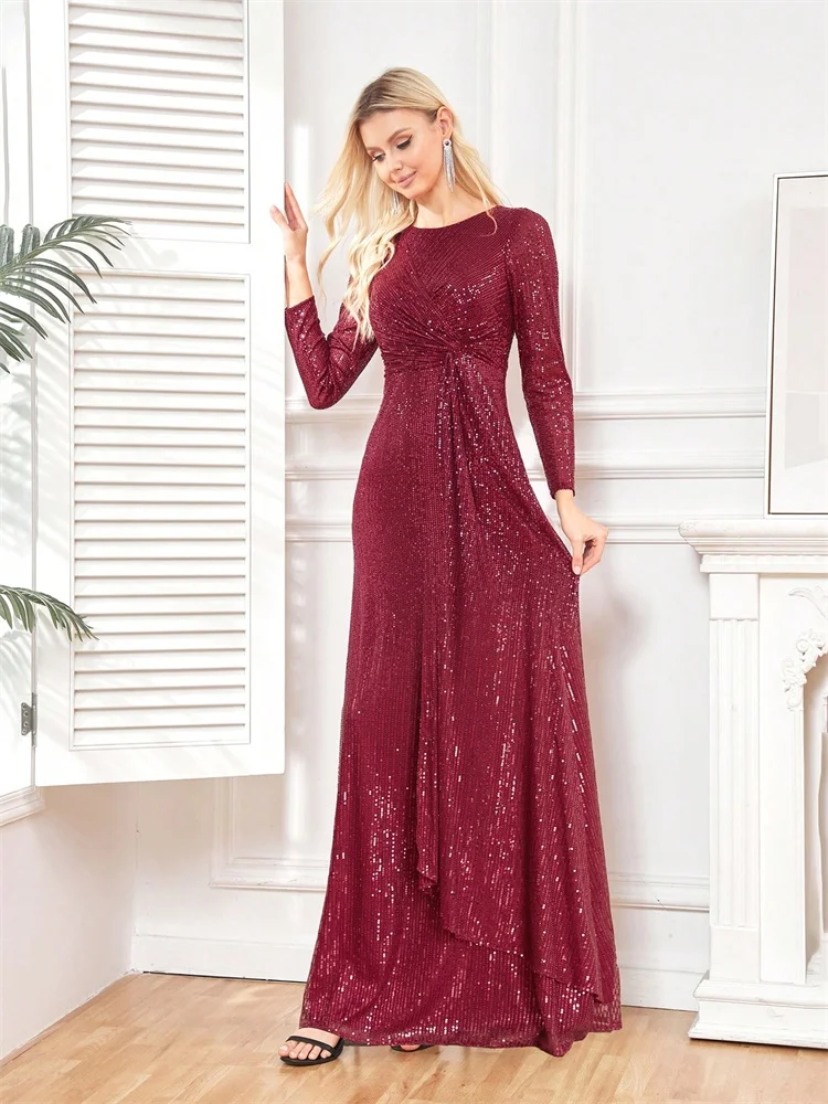 elegant Long Sleeve O-Neck Red Sequins Evening Dress Luxury 2024 Women Wedding Party Prom Cocktail Dress Graduation Gowns