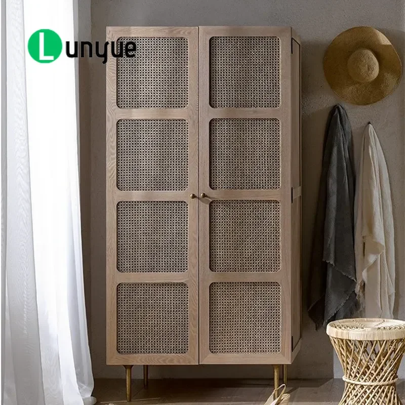 Nordic Rattan Wardrobe Solid Wood American Retro Hollow Vertical Cabinet Korean Creative Storage for Bedroom Living Room