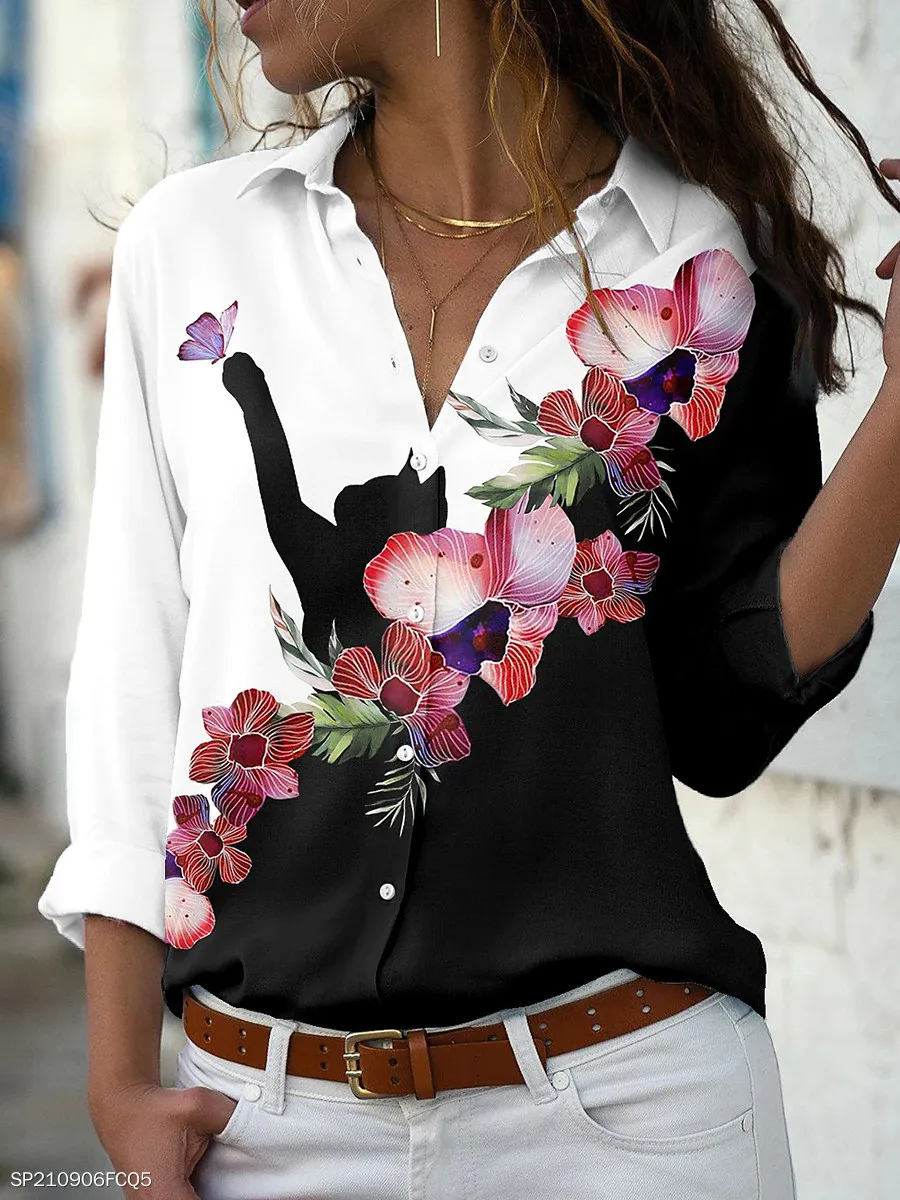 Fashion Flower Pattern 3D Print Women's Long Sleeves Shirt Autumn New Vintage Women's Holiday Shirts Y2K Casual Women's Clothing