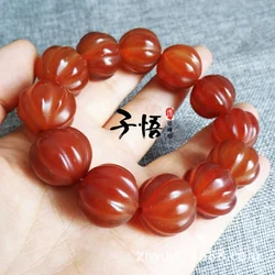 Tibetan Old Chalcedony Red Agate Pumpkin Beads Carved Lantern Bead Bracelet