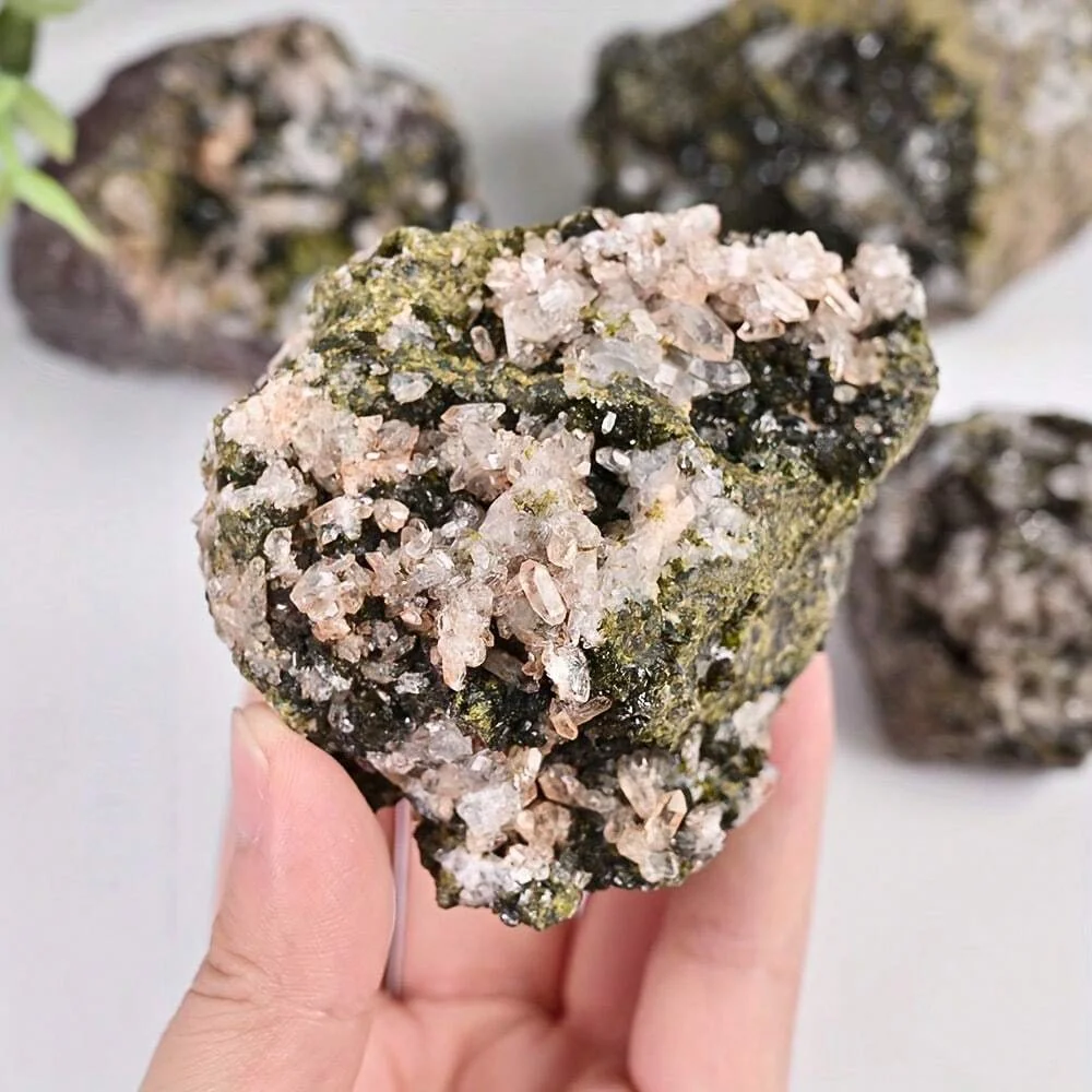 Epidote Clear Quartz Cluster - Natural Rare Crystal, Perfect for Home Decor, Ideal for Halloween, Christmas Gift Giving