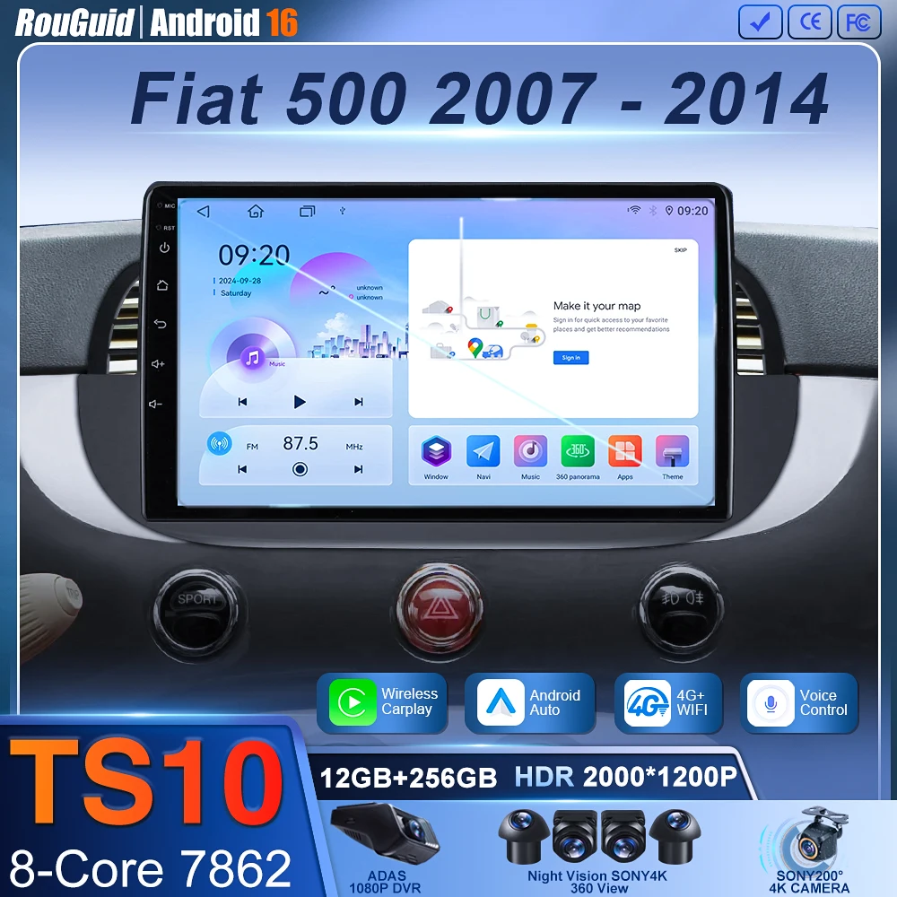 

9-дюймовый автомобильный радиоприемник Android 16 для Fiat 500 2007-2015 с GPS-навигацией и управлением на рулевом колесе, мультимедийный Carplay Auto WIFI