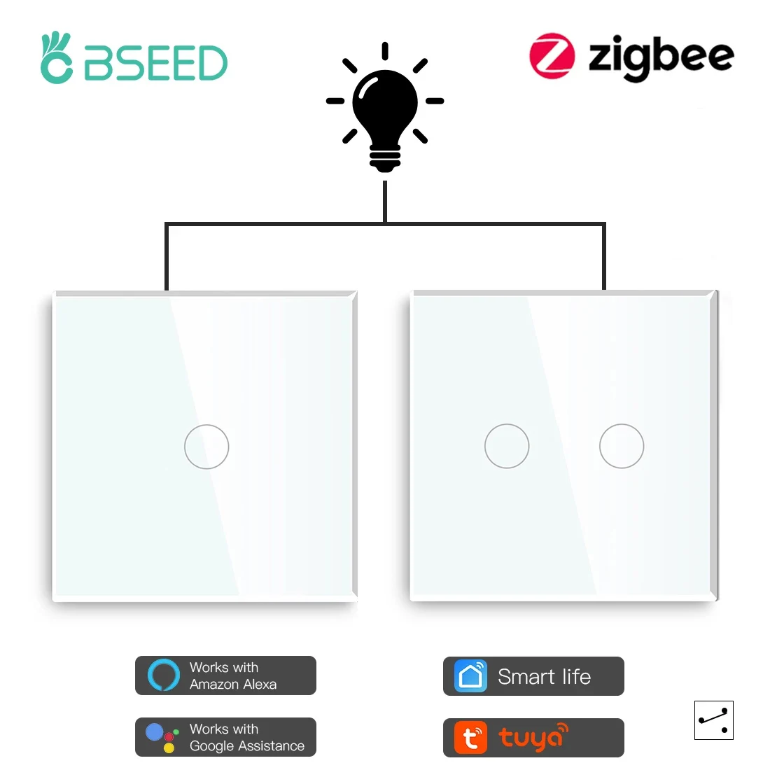 

Умные настенные выключатели BSEED Zigbee, сенсорные переключатели 1 + 2 клавиши, стеклянная панель, управление через Google Alexa, нулевые