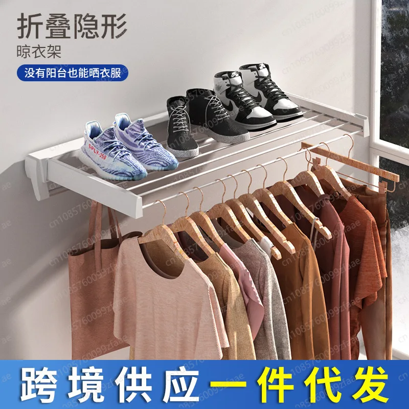 Wall hanging invisible telescopic toilet bathroom towel rack aluminum alloy rack folding non-punching clothes drying rod
