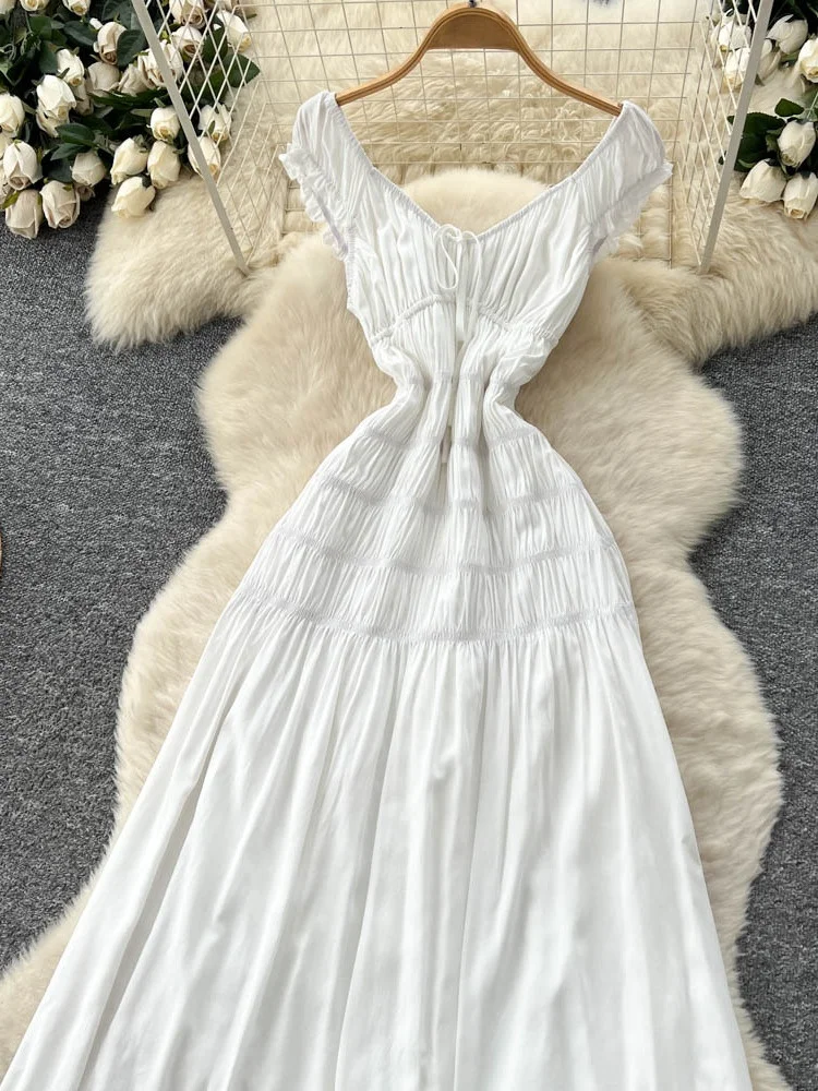 Summer Women's Design Sense Bubble Sve Dr Waist Cinching Slimming Holiday Sle Long Skirt High Waist A-Line ort Sve