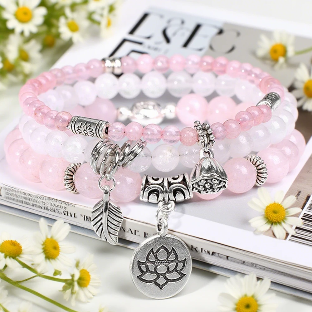 3pcs/set Buddha Lotus Charm Bracelet Natural Stone Lava Rock White Agates Beads Bracelet Set Leaves Lotus seed Pendant Jewelry