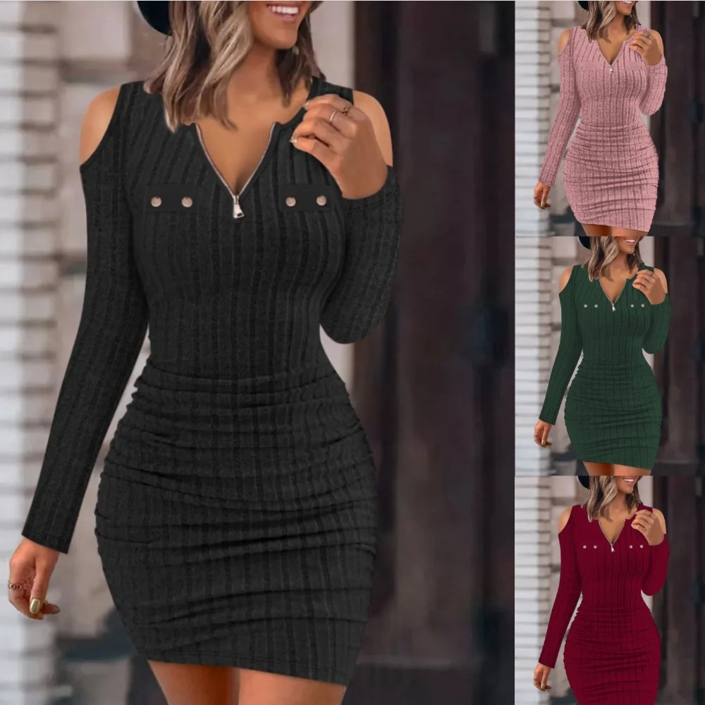 New Solid Color Zipper V-neck Tight Fitting Bag Buttocks Slim and Sexy Long Sleeved Dress for Women