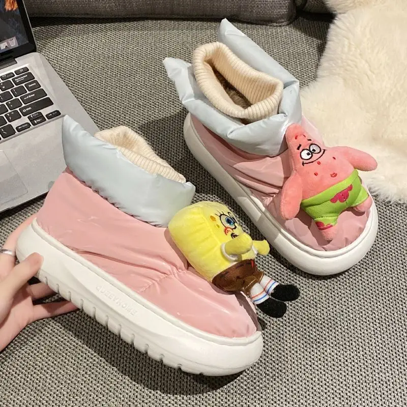Cute SpongeBob Patrick Star Snow Boots Cotton Shoes Thick Platform Non‑Slip Sole Funny Cartoon Warm Footwear for Daily Wear