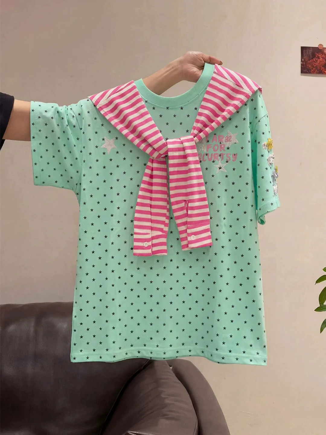 Mint Green Dopaamine Shoulder Wrap Short Sleeve T-Shirt Women's Summer Korean Style College Wind Cute Hair Clip Top