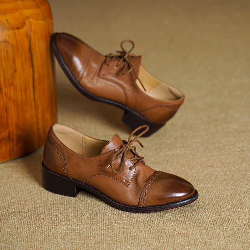 

Loafers Women Washed Calfskin Brown Lace Up Old Money Classic Dress Casual Shoes