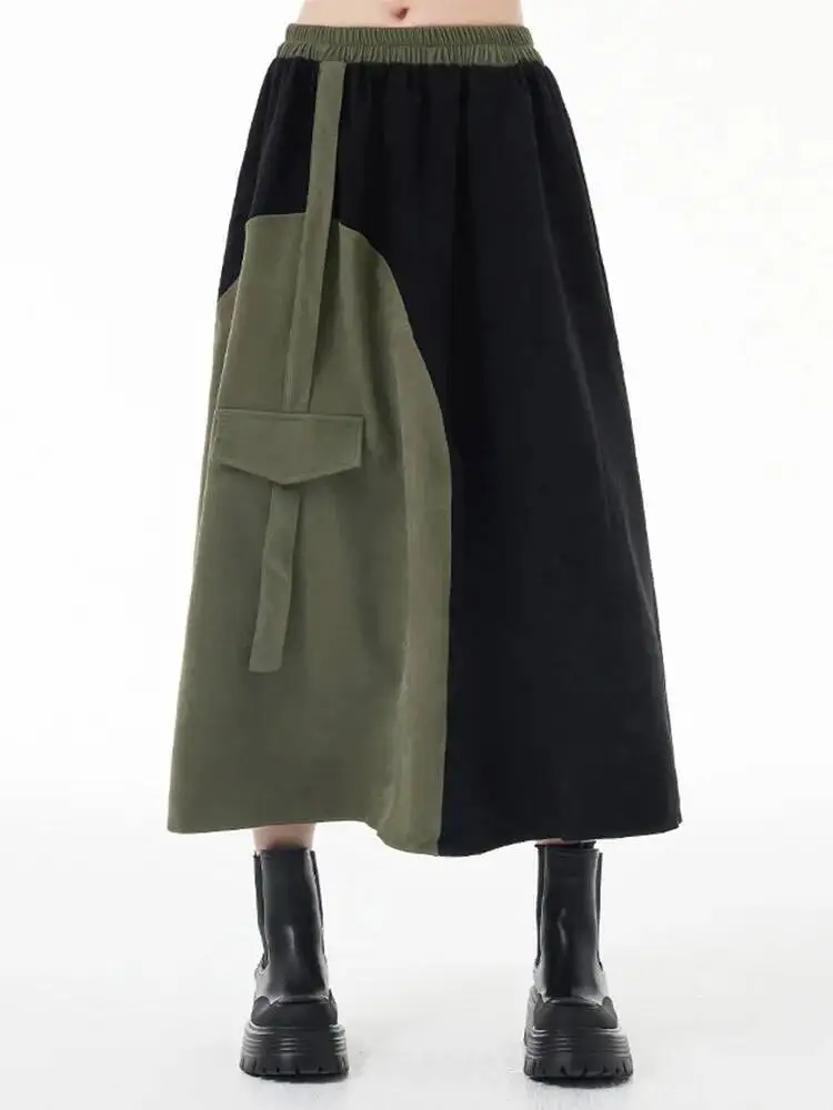 

Waist High Elastic Color-block Asymmetric Green A-line Half-body Skirt Women Fashion New Spring Autumn 2026 QA1O