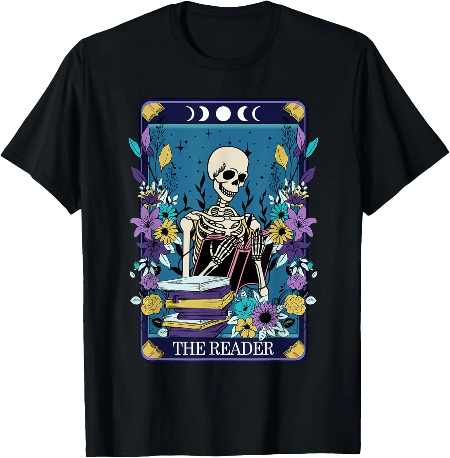 

Book Lover Tarot Card The Reader Mystic Funny Skeleton T-Shirt