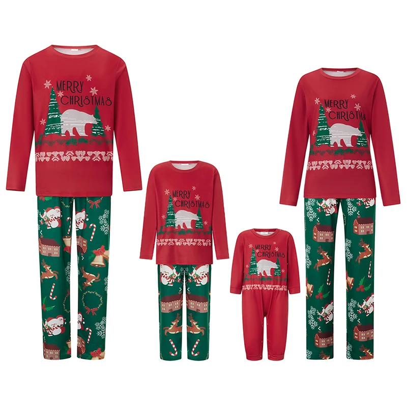 Family Matching Christmas Sleepwear Set Tree Print Long Sleeve Round Neck Tops/Romper Trousers Pajama Set