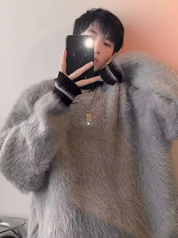 

Thiened f-High Collar Striped Men's Knitted Sweater Winter Leisure Sle Loose Fit Luxury Feel Outerwear Korean Sle