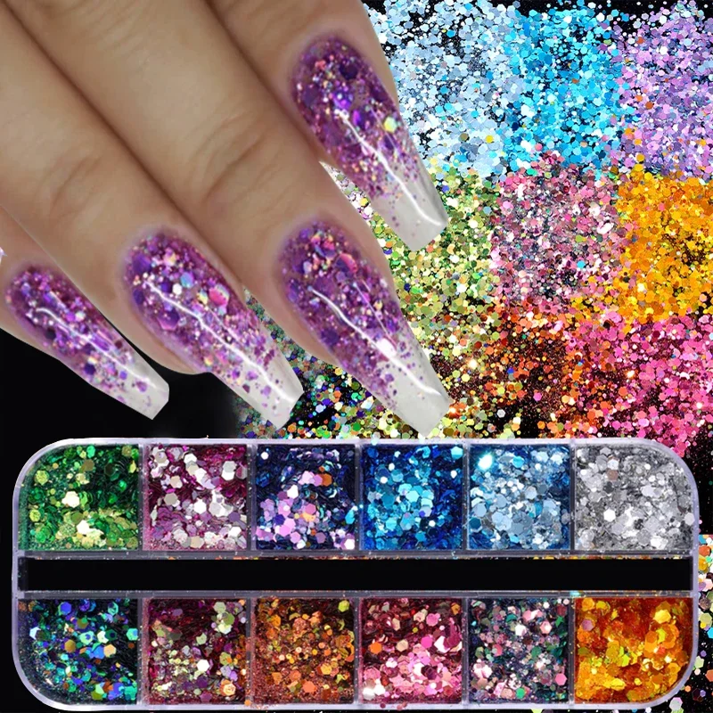 Paillettes Hexagonales 3D pour Ongles, 12 Grilles, Irrégulières, Nail Art, Poudre, Verhéritage Gel, DIY, Holographique, Décorations de Manucure