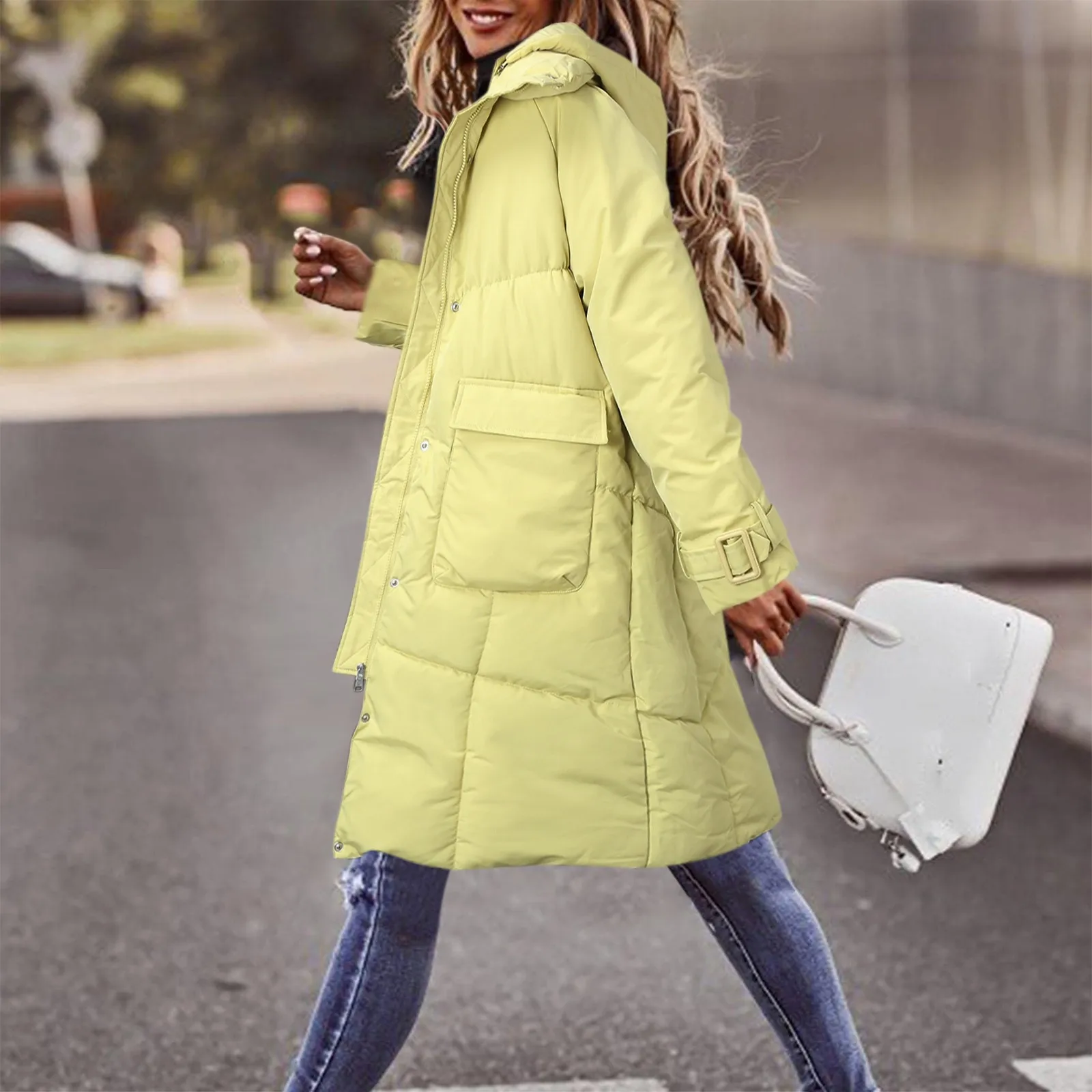 Winter Women Down Jackets Casual Solid Coat Down Cotton Padded Jacket Hooded Vest Zipper Pocket Loose Long Sleeve Coat