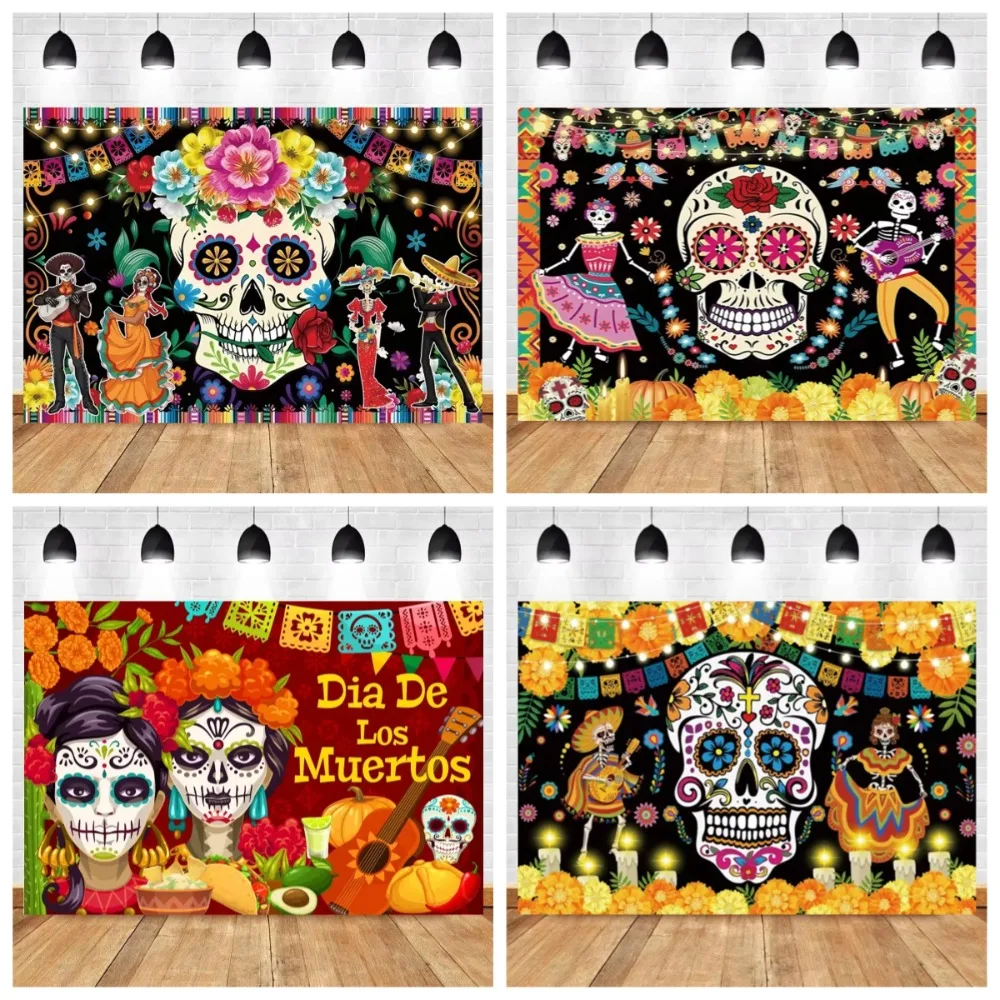 

Day of The Dead Party Gathering Backdrops Mexican Dia DE Los Muertos Background Fiesta Sugar Skull Altar Photography Props