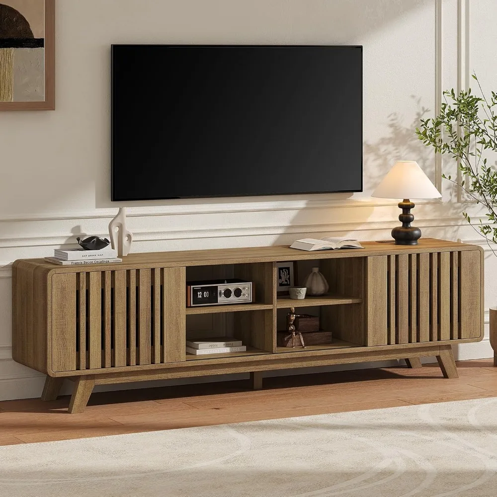 

70-Inch TV Stand for TVs up to 80 Inch, Mid-Century Modern Television Stand with Power Outlet， Entertainment Center with