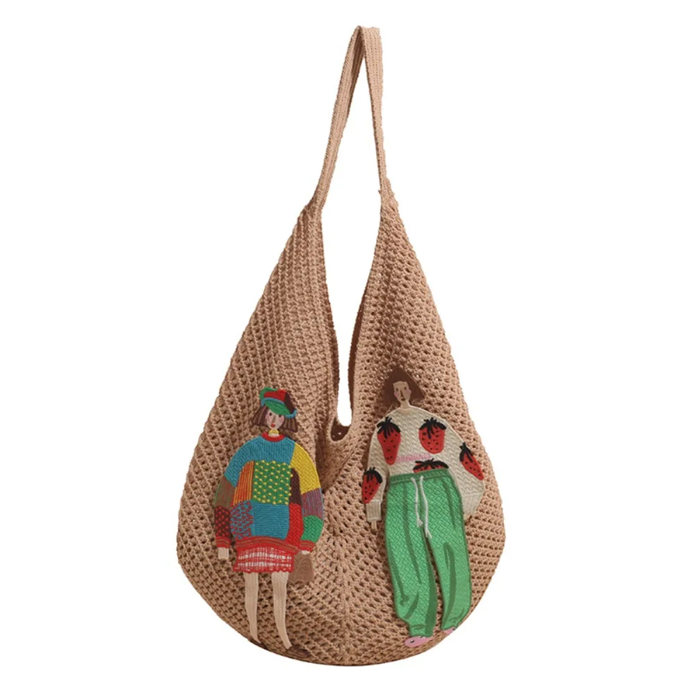 

Creative Sweet Knitted Tote Bag Bohemian Style Embroidery Weave Shoulder Bag Cartoon Hollow Out Crochet Beach Bag Vacation