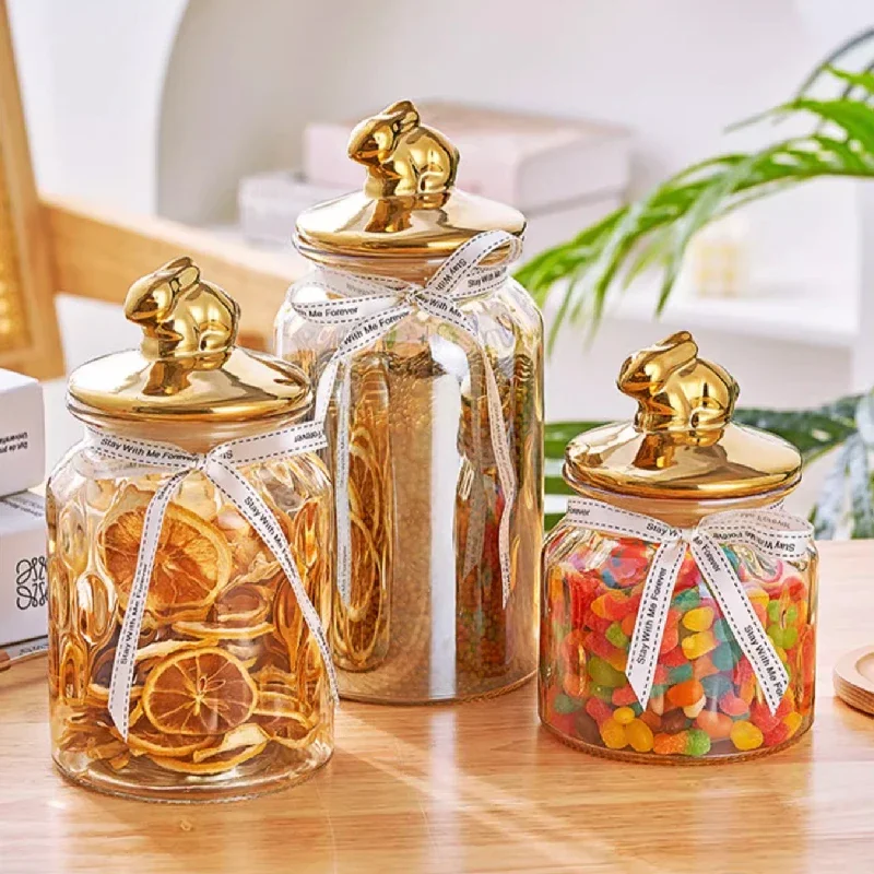 Amber Glass Sealed Jar Gold-plated Rabbit Glass Bottle Snack Candy Jar Kitchen Household Food Miscellaneous Grains Storage Jar