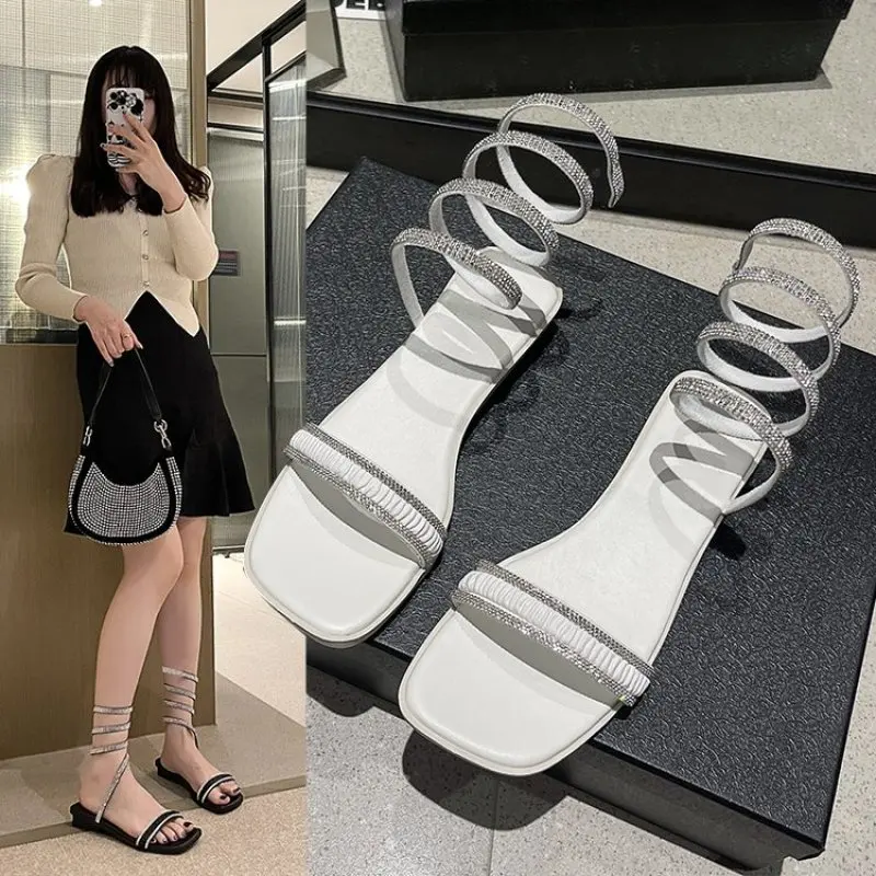 Women's Open Toe Rhinestone Ankle Cross Strap Flat Sandals Fashionable Buckle Strap Ladies Shoes Outdoor Women's Beach Sandals