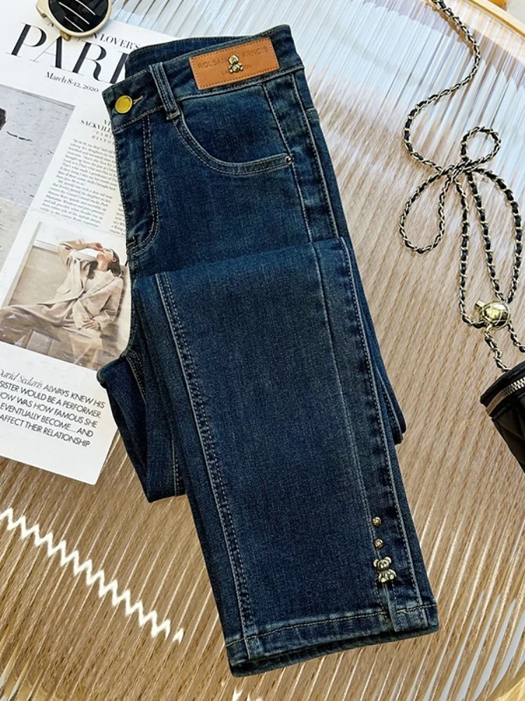 Verão feminino perna reta jeans cintura alta nove pontos calças de algodão poliéster viscose mistura retro na moda novo 2024
